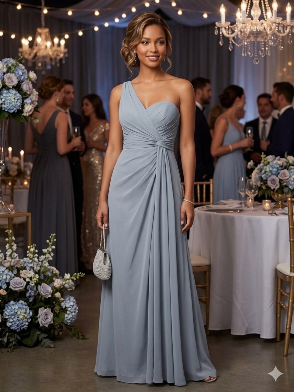 Elegant One-Shoulder Gray Chiffon Evening Dress